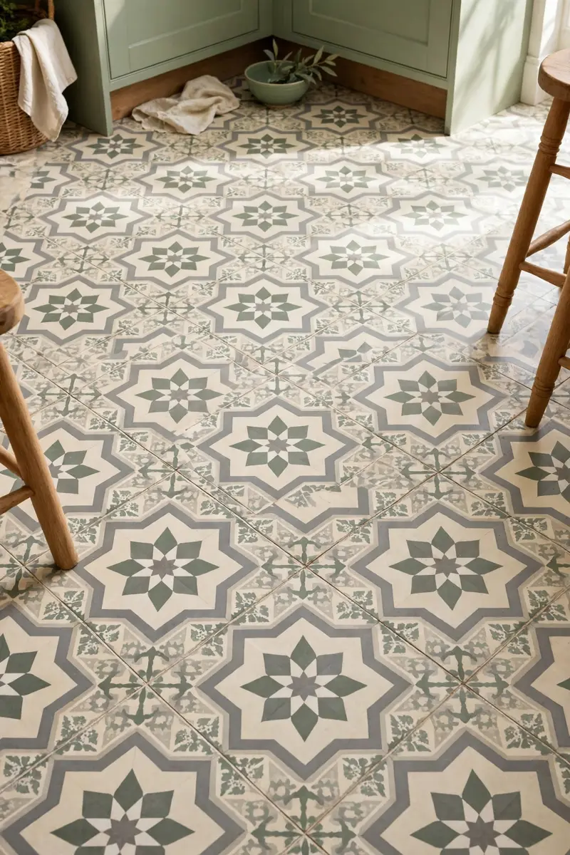 Patterned encaustic floor tile with sage green cabinet bases