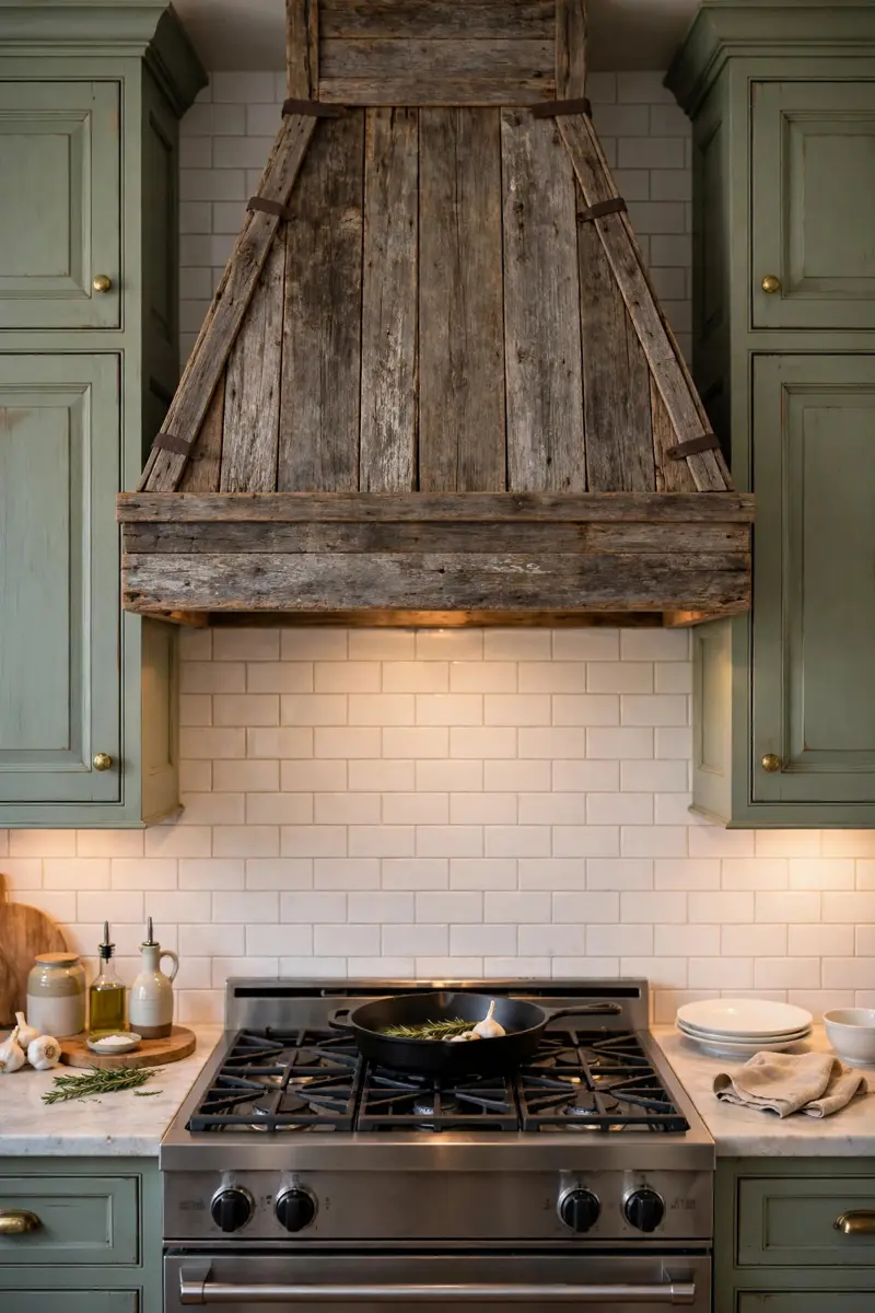 Weathered reclaimed wood range hood with sage green cabinets
