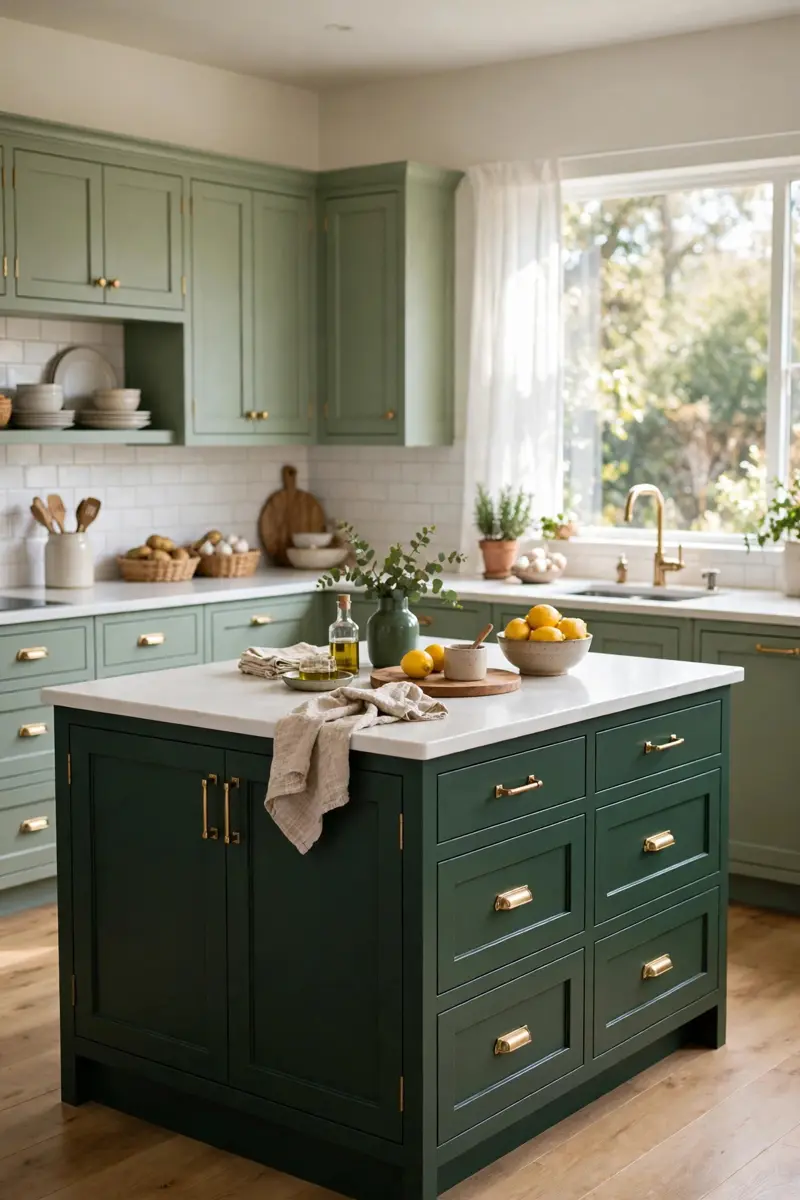 Two-tone kitchen with sage perimeter cabinets and deep forest green island