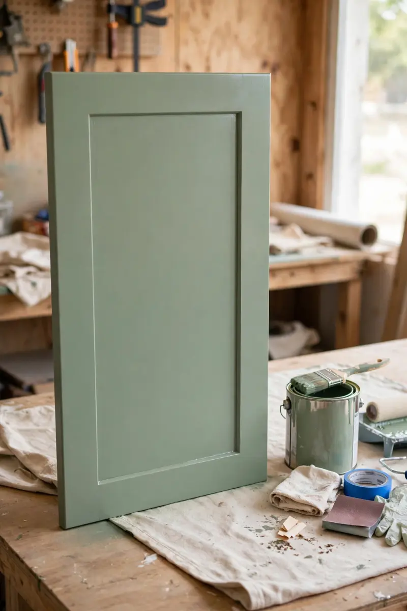 Freshly painted sage green cabinet door with paint supplies