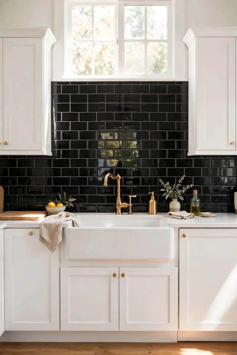White kitchen with black backsplash ideas — glossy black subway tile with white Shaker cabinets