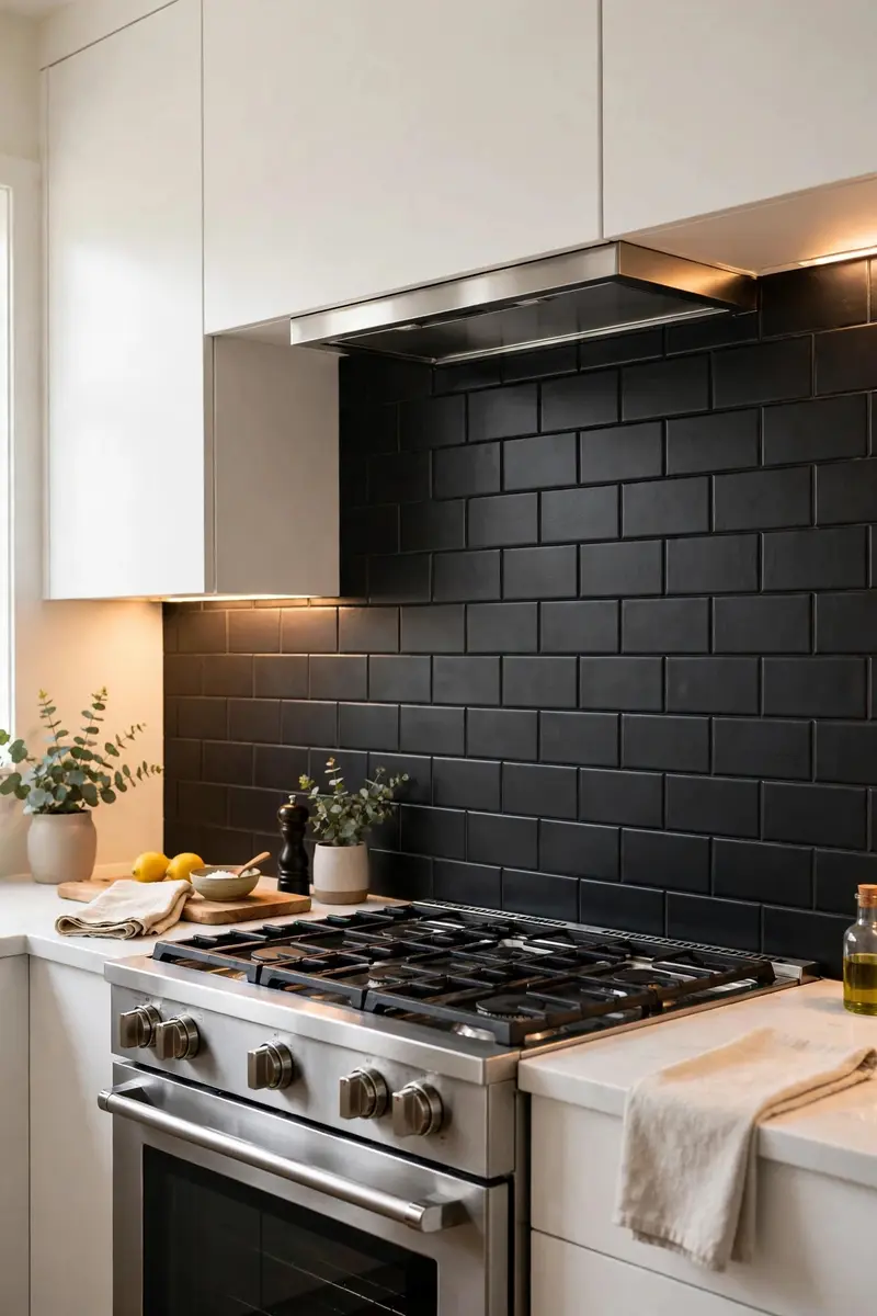 White kitchen with black backsplash ideas — matte black subway tile with matching black grout