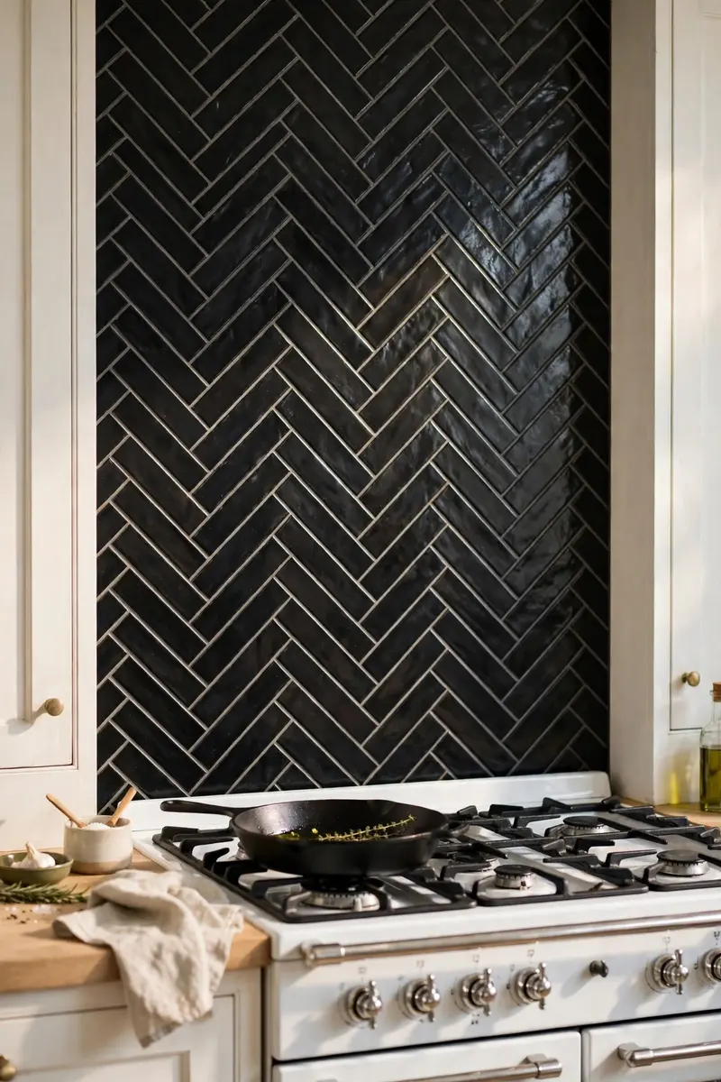 White kitchen with black backsplash ideas — black herringbone tile backsplash behind a white range