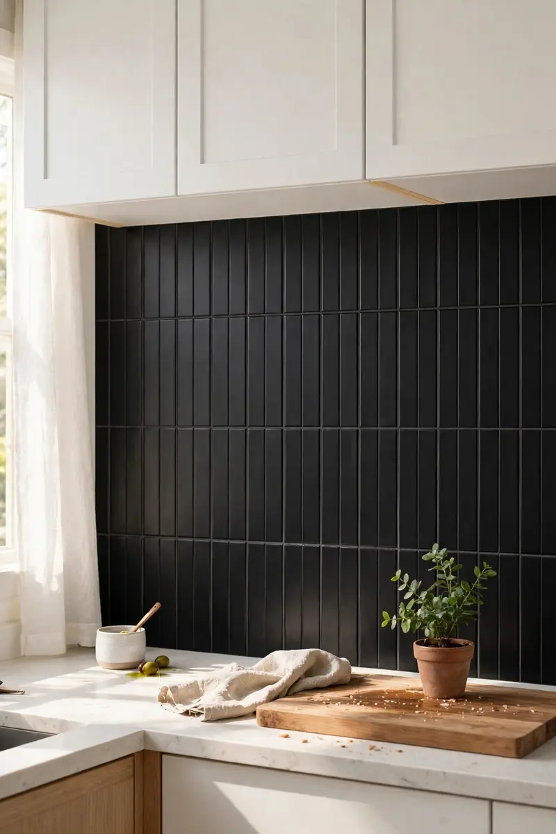 Vertical stack black subway tile in a white kitchen