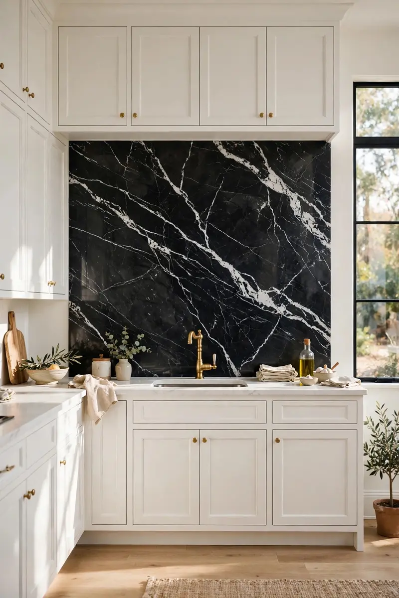 Black marble slab backsplash with white veining in a white kitchen