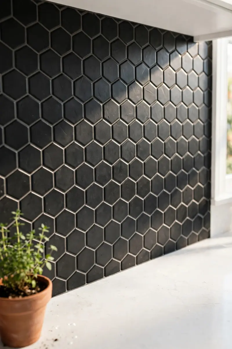 Matte black hexagon tile backsplash in a white kitchen