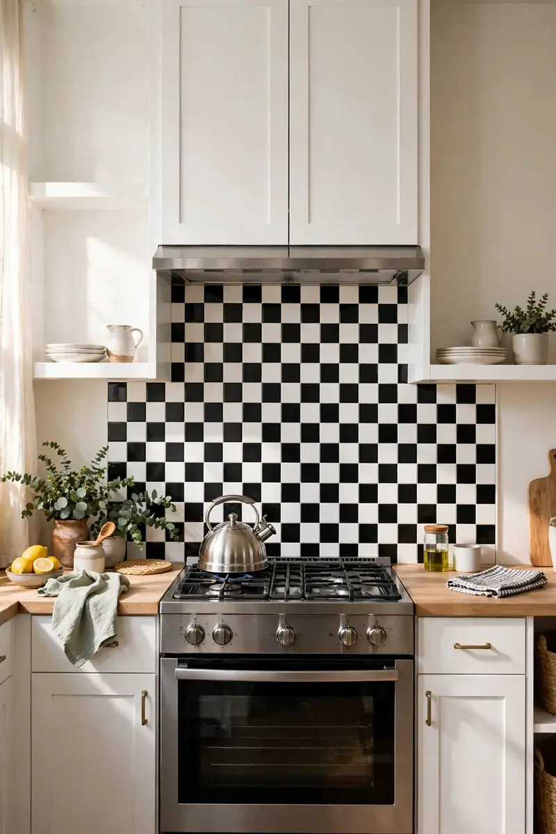 Black and white checkerboard subway tile backsplash behind a range