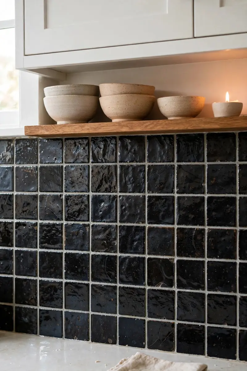 Handmade black zellige tile backsplash in a white kitchen
