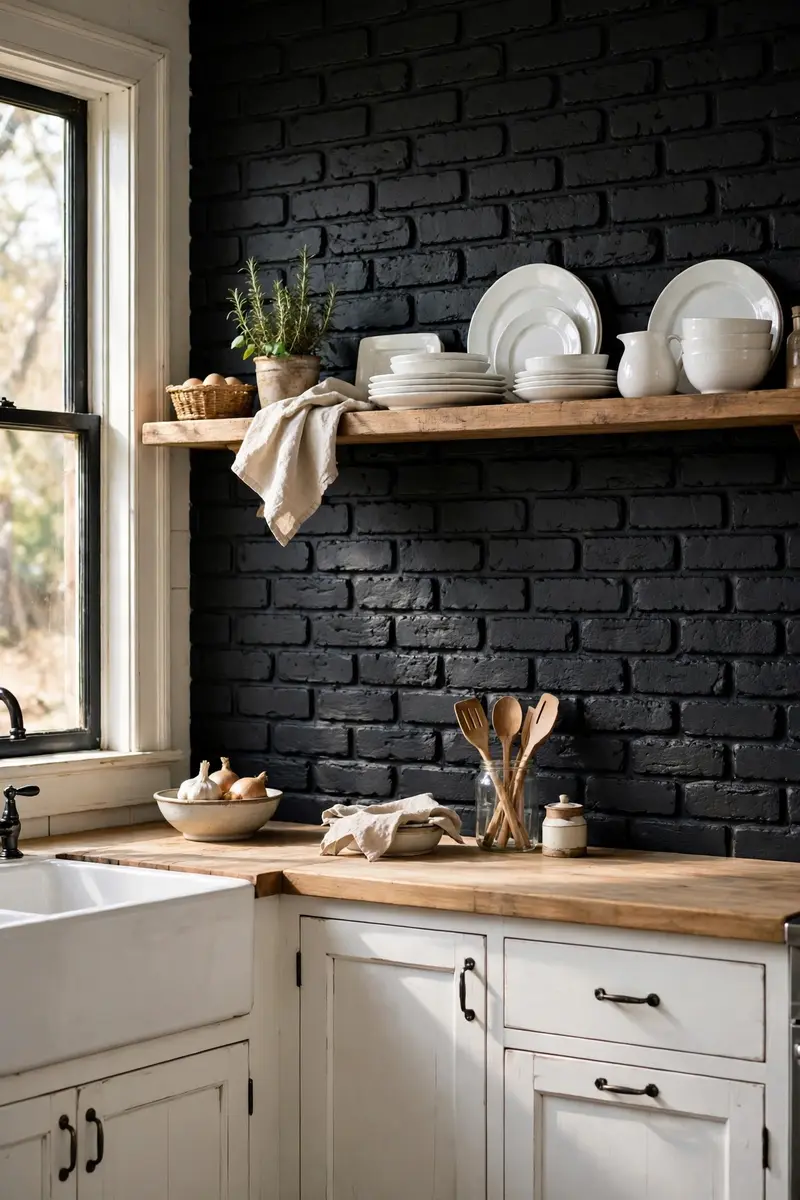 Black brick veneer backsplash in a farmhouse white kitchen