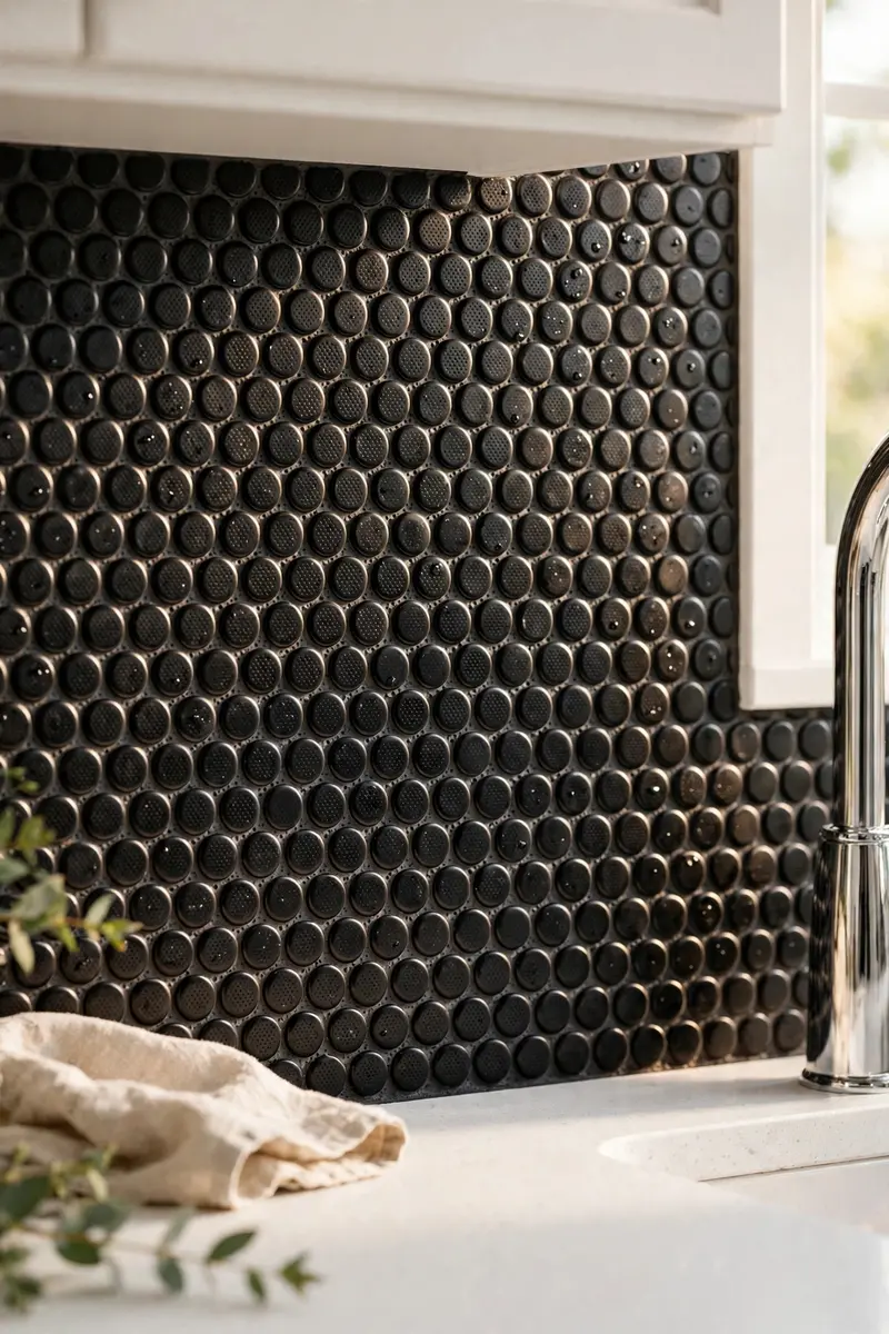 Black penny round mosaic tile backsplash in a white kitchen