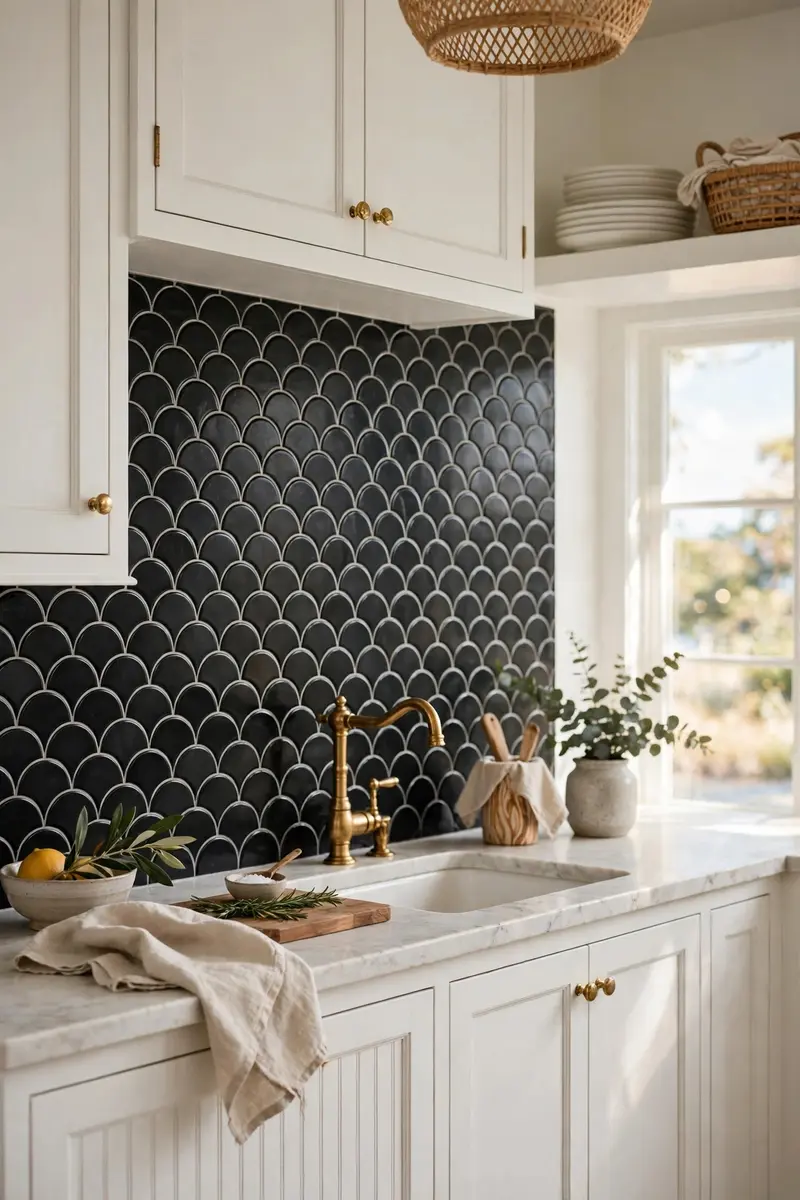 Black fish scale scallop tile backsplash in a white kitchen