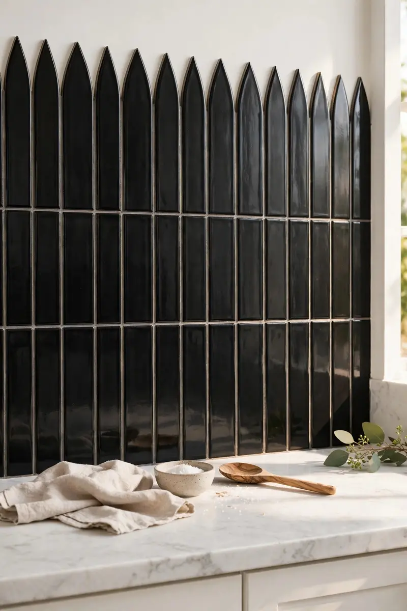 Black picket tile backsplash arranged vertically in a white kitchen