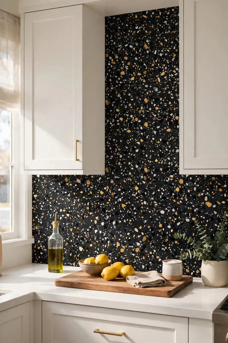 Speckled black terrazzo backsplash in a white kitchen