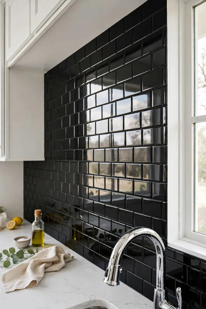 High-gloss black glass tile backsplash reflecting light in a white kitchen