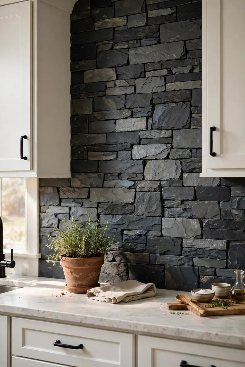 Black slate natural stone tile backsplash in a white kitchen