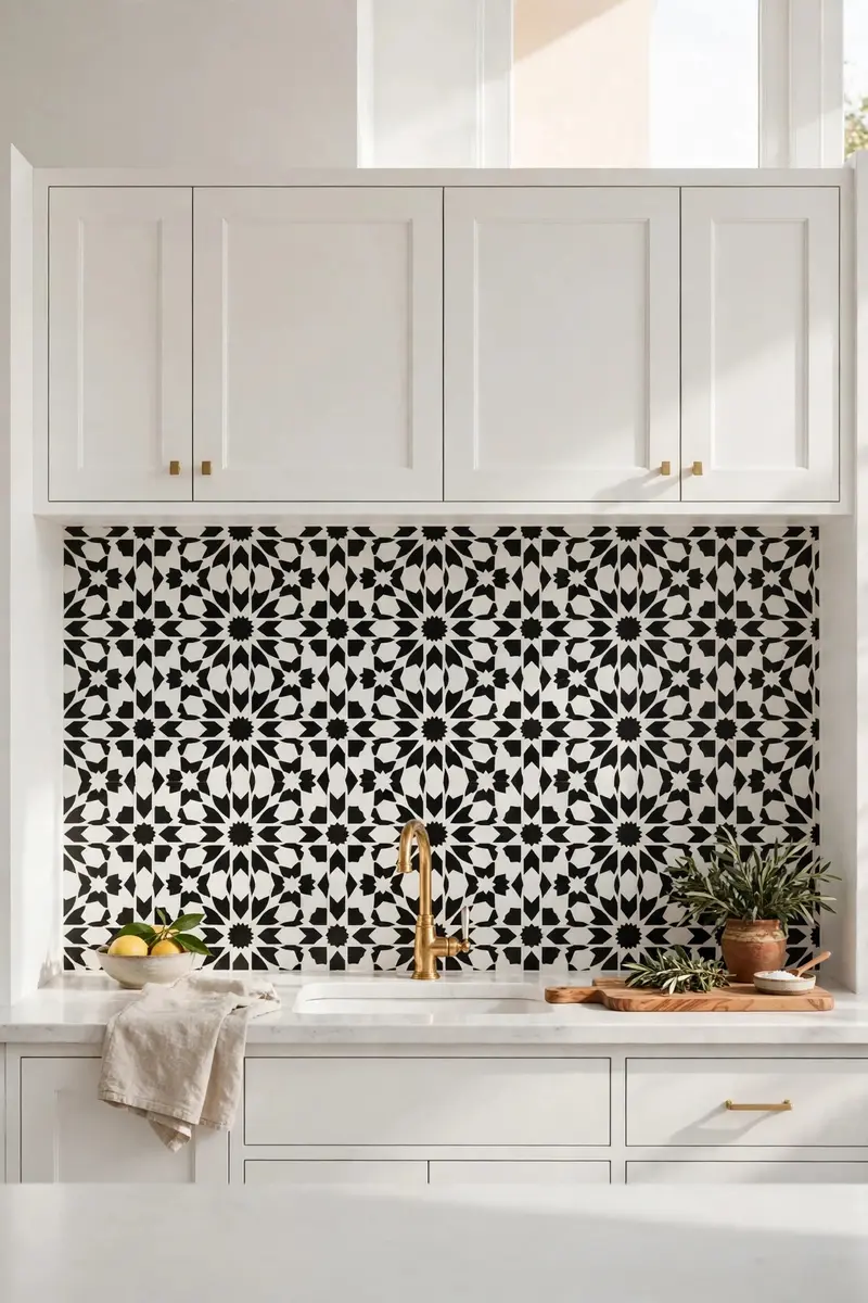 Black and white patterned cement tile backsplash in a white kitchen