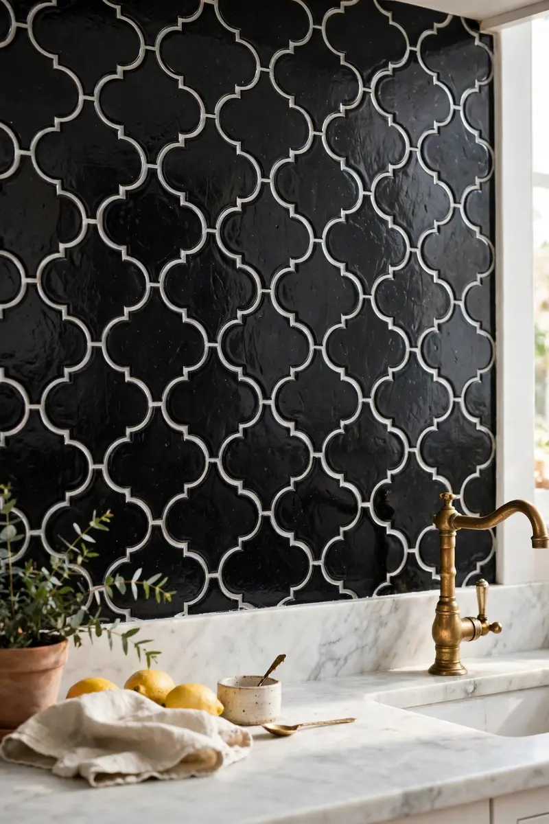 Black arabesque Moroccan lantern tile backsplash in a white kitchen