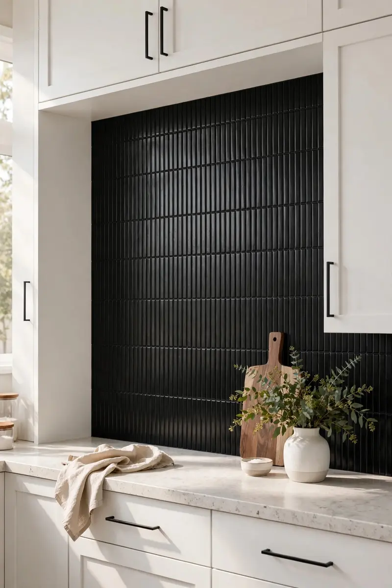 Vertical black kit-kat finger tile backsplash in a white kitchen