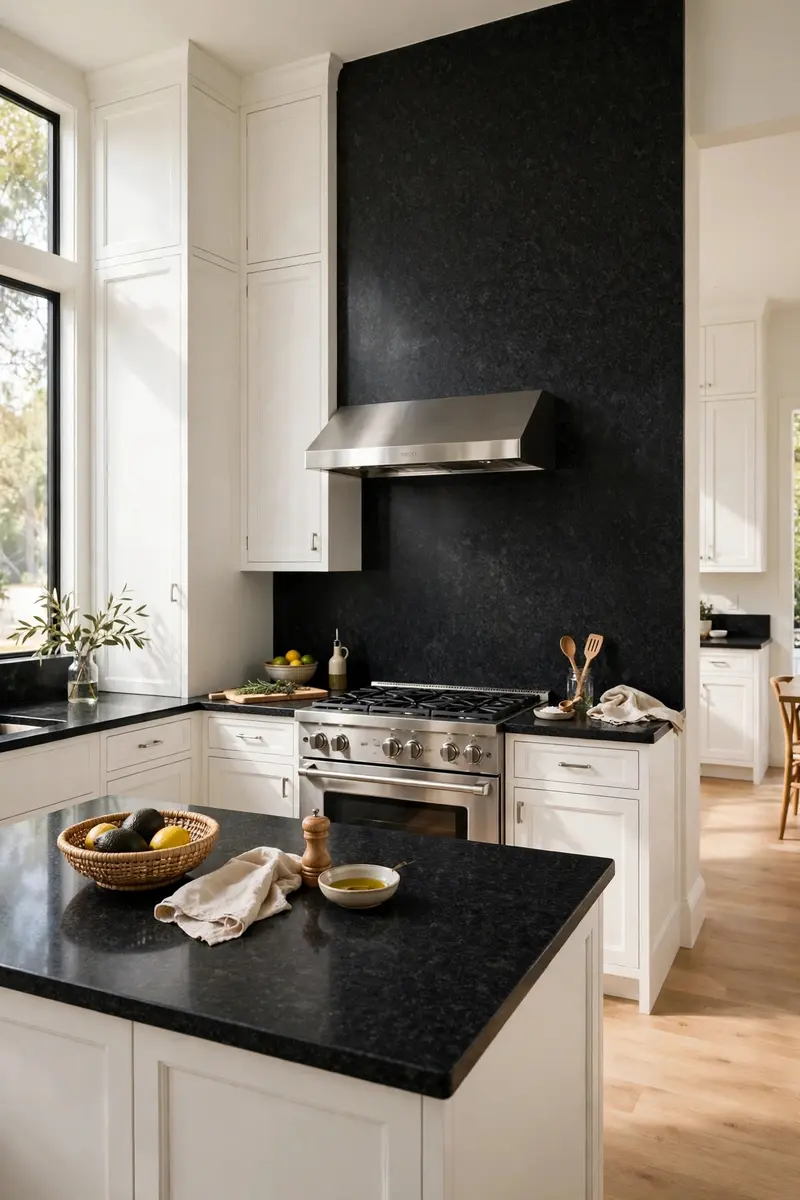 Black granite slab backsplash matched to the countertop in a white kitchen