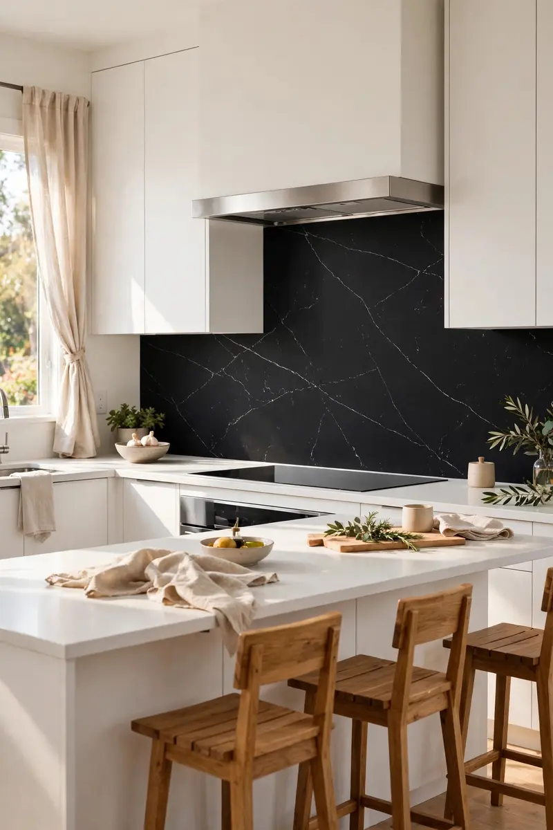 Black quartz slab backsplash with white veining in a white kitchen