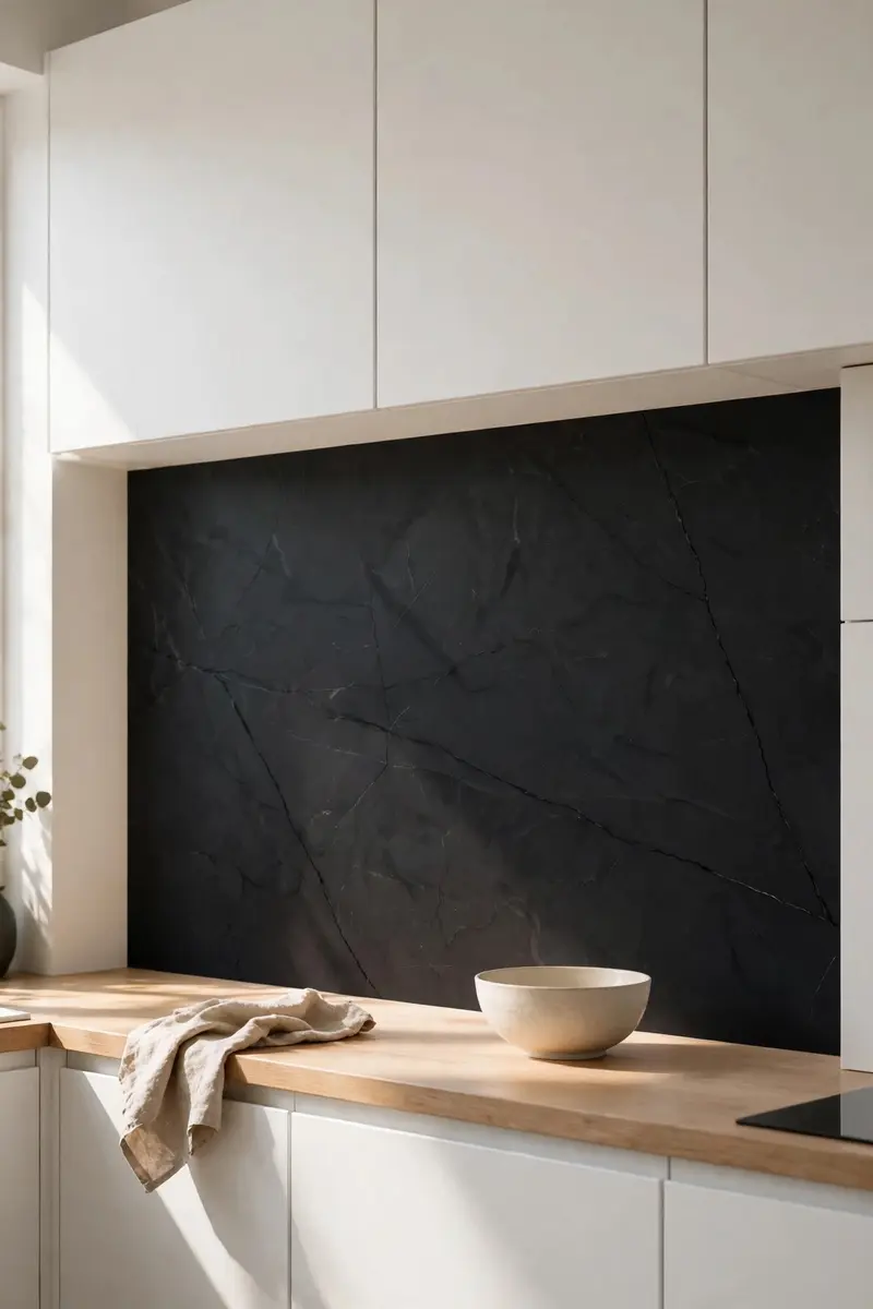 Matte black large-format porcelain slab backsplash in a minimalist white kitchen