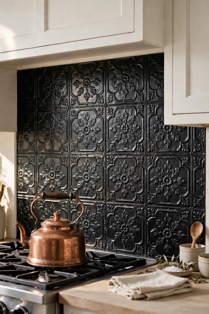 Black pressed-metal tin backsplash with embossed pattern in a white kitchen