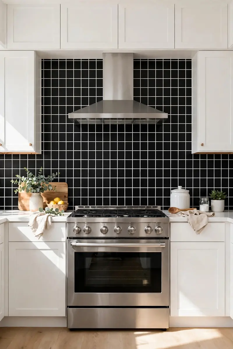 Black subway tile backsplash with crisp white grout in a white kitchen