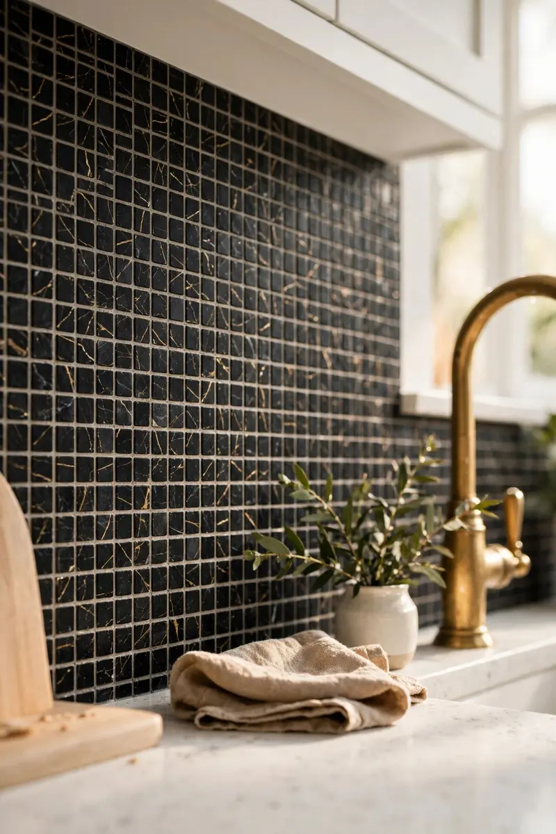 Black marble mosaic backsplash with gold veining in a white kitchen