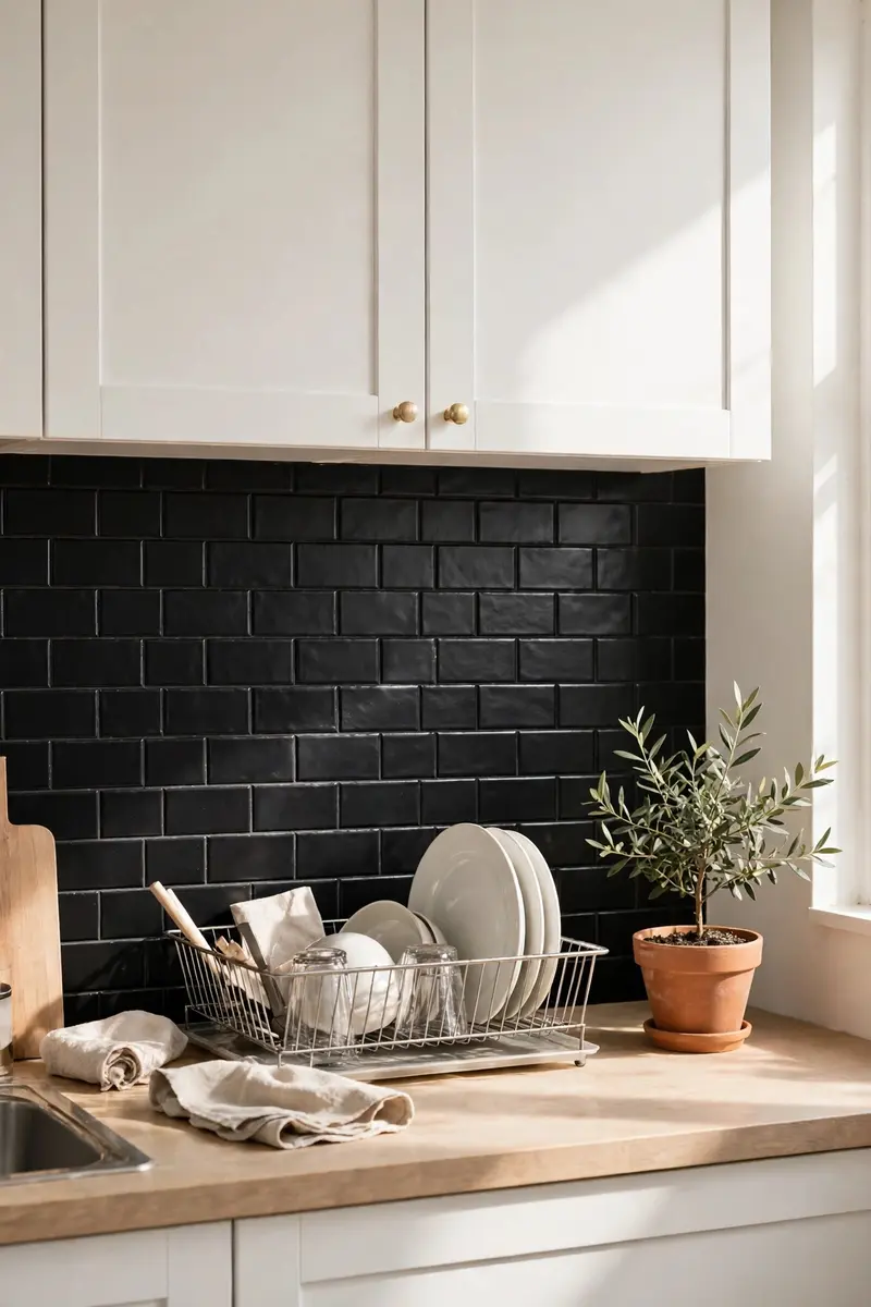 Black peel-and-stick tile backsplash in a rental white kitchen