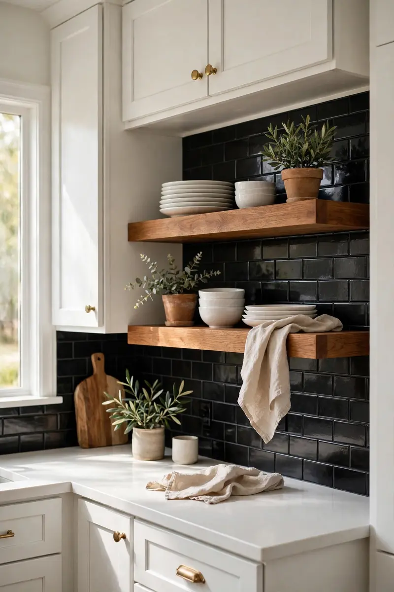 Black tile backsplash with open wood shelving in a white kitchen