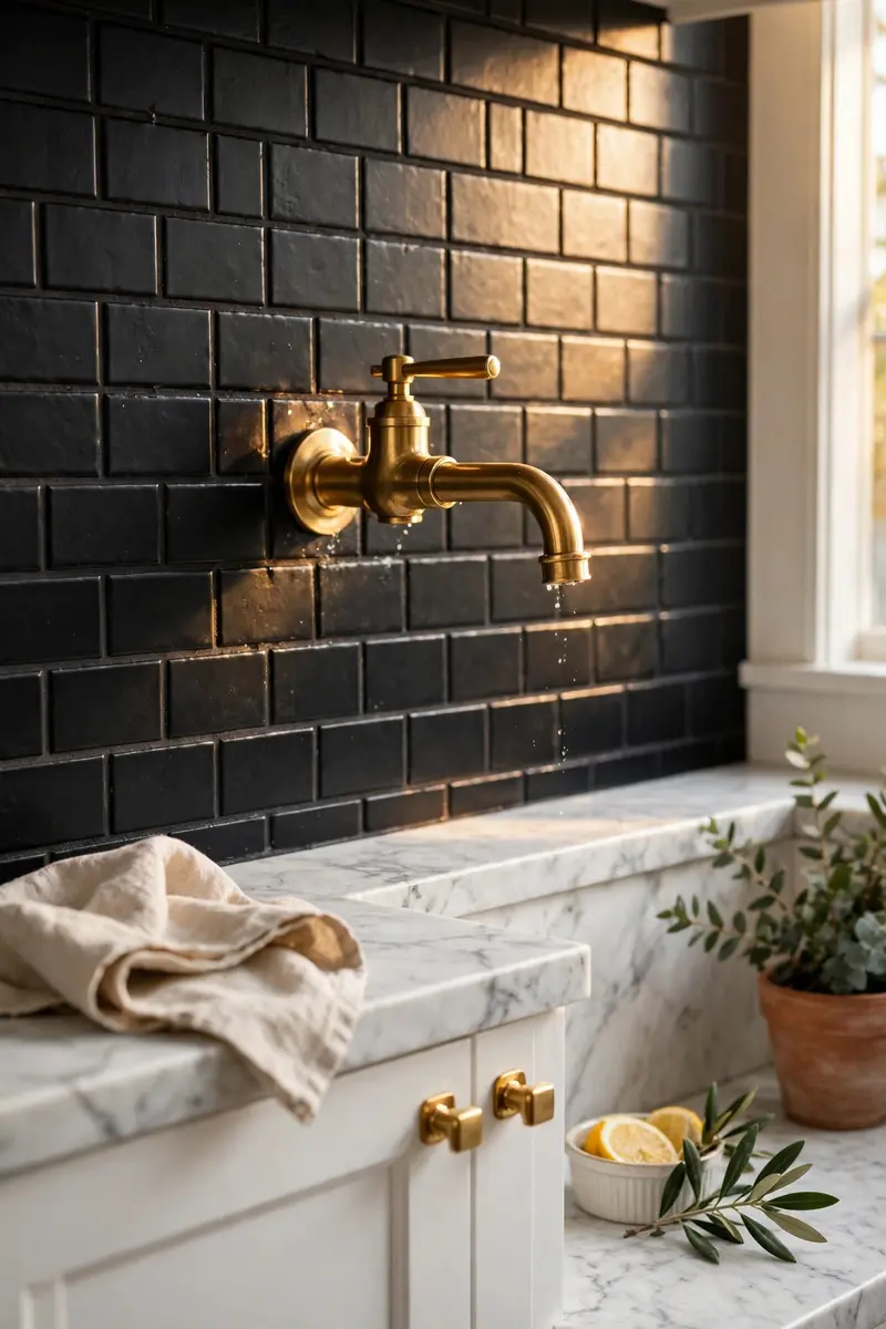 Black tile backsplash with brass faucet and hardware in a white kitchen