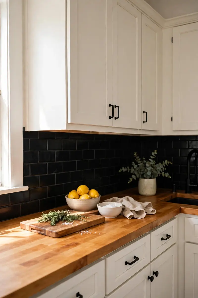 Black backsplash with butcher block countertops in a white kitchen