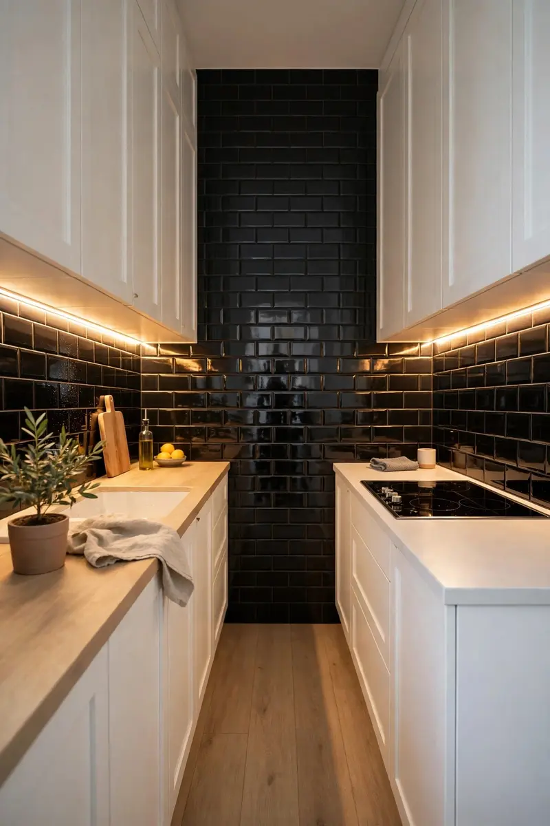 Glossy black tile backsplash with under-cabinet lighting in a small galley kitchen
