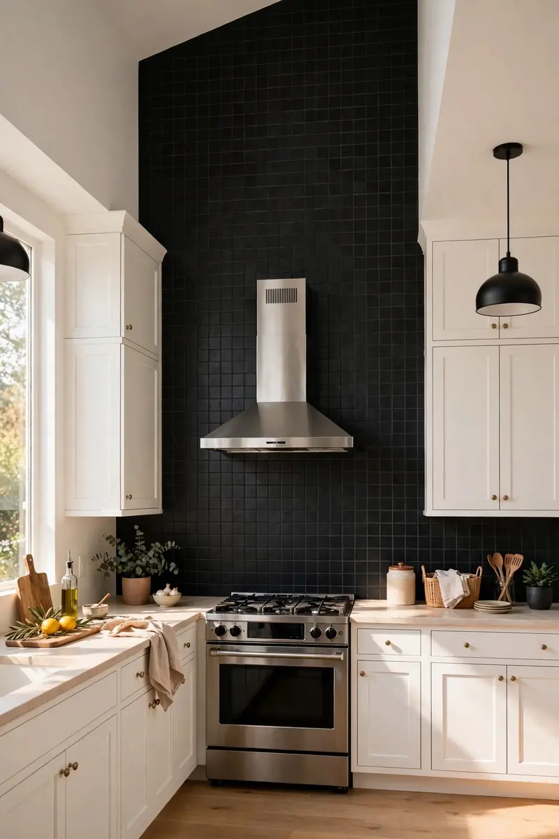 Full-height black tile backsplash to the ceiling in a white kitchen