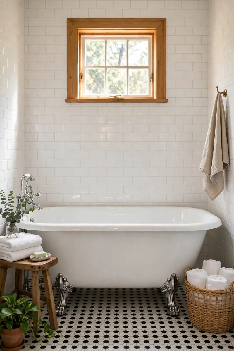 A white clawfoot tub with chrome feet in a bright vintage bathroom with subway tile walls.