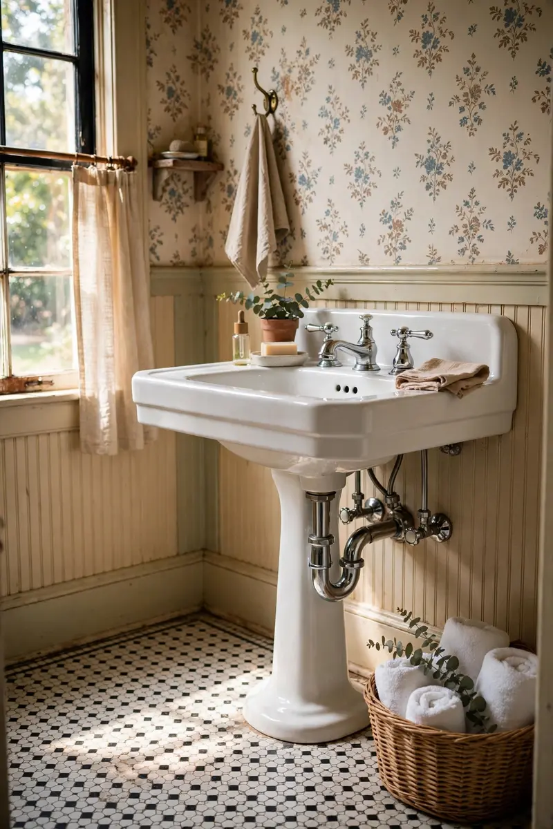 A white pedestal sink with exposed chrome plumbing in a vintage bathroom with hex tile floor.