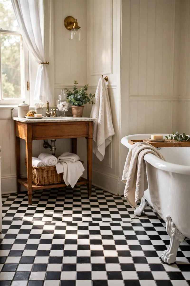 A black-and-white checkerboard tile floor in a vintage bathroom with a clawfoot tub.