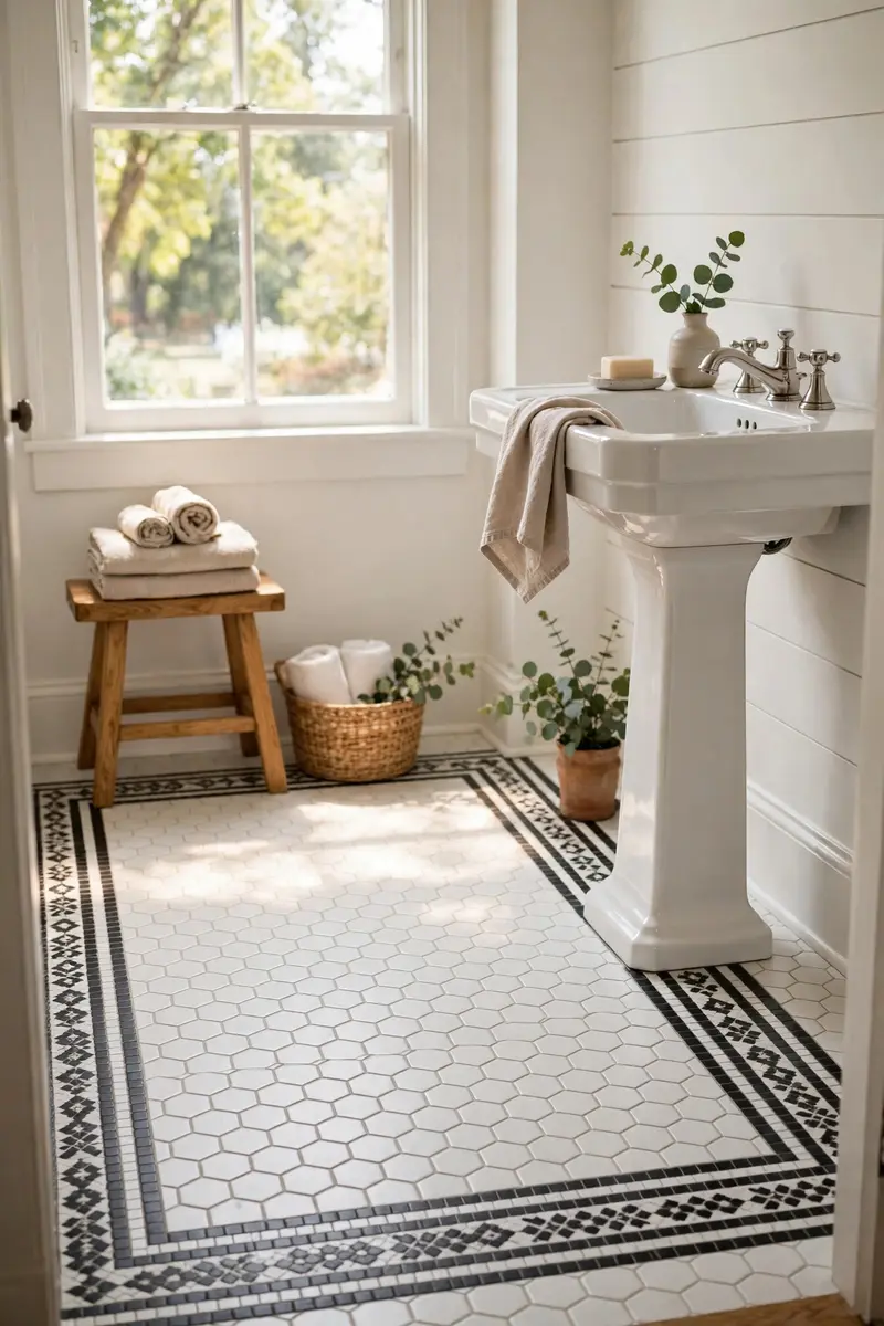 White hexagon floor tiles with a dark border in a classic bathroom.