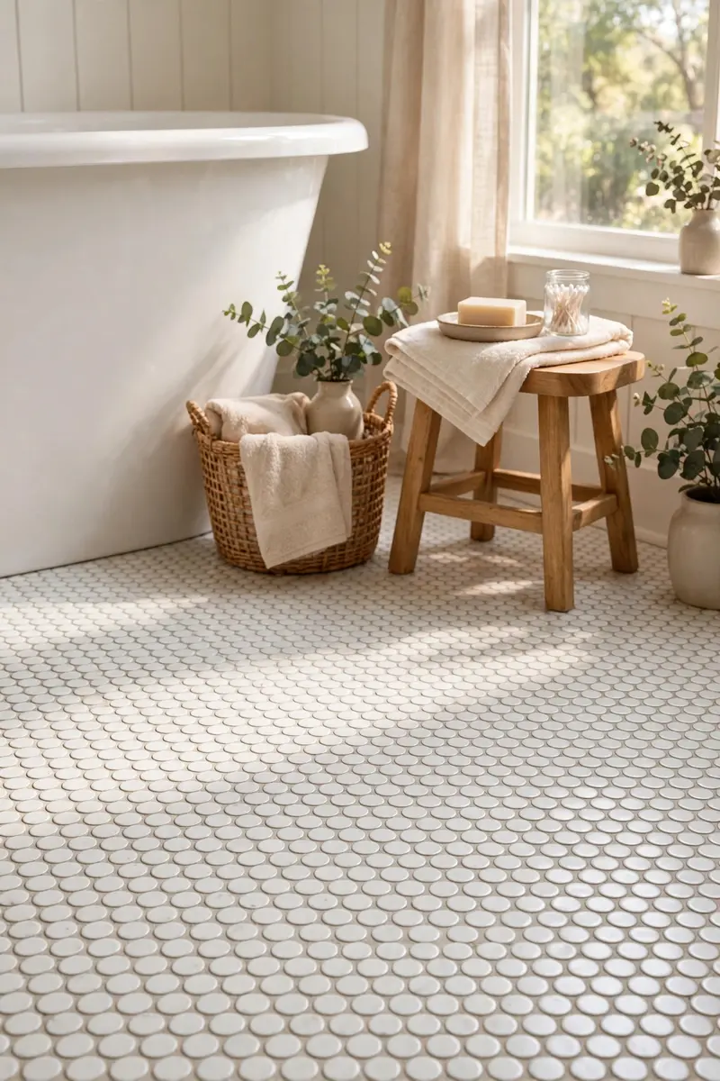 White penny round mosaic floor tiles in a bright bathroom.