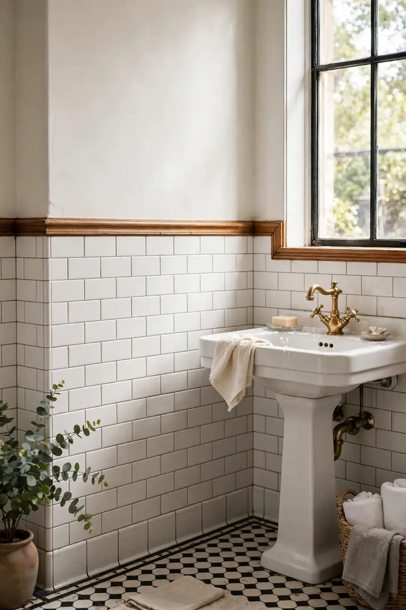 White subway tile wainscot with a chair rail in a bathroom.