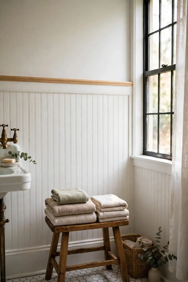 White beadboard wall panels in a cozy bathroom.