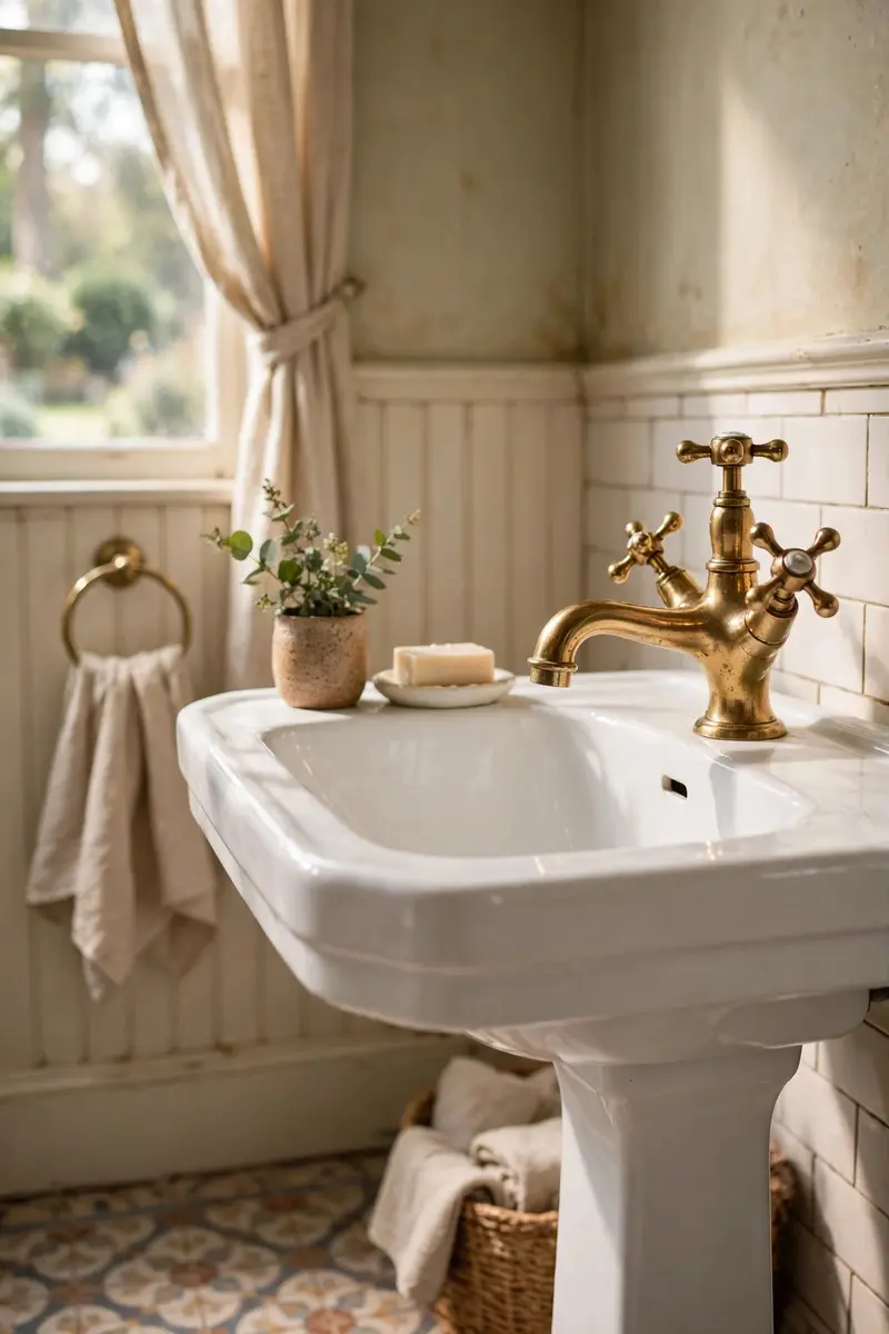 A brass cross-handle faucet on a white pedestal sink.