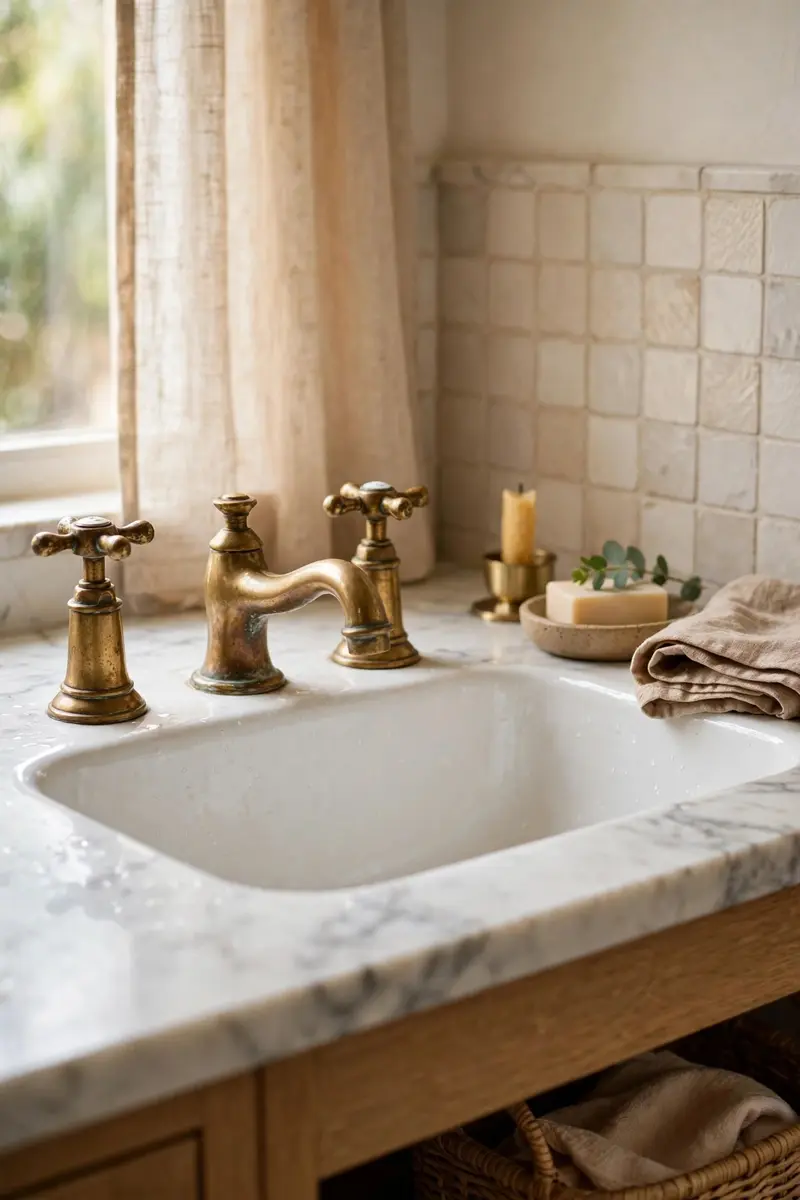 Unlacquered brass faucets with a warm patina on a bathroom sink.
