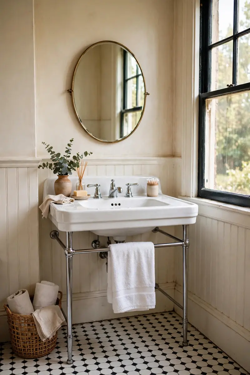 A white console sink with chrome legs and a towel bar.