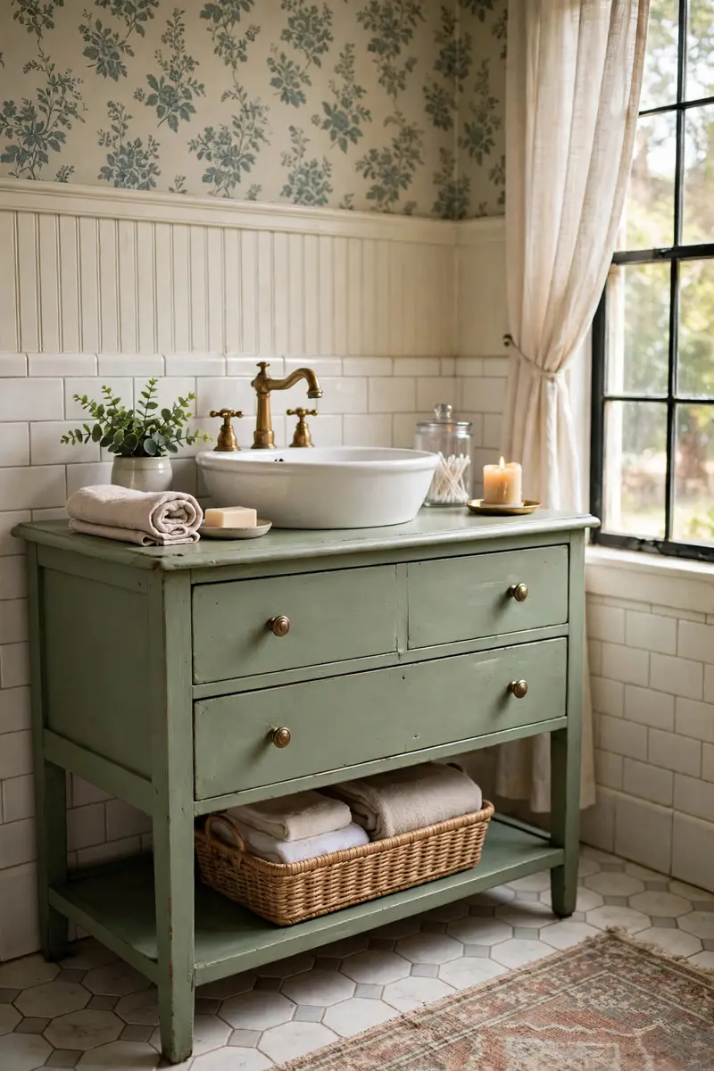 A repurposed wooden dresser used as a bathroom vanity with a vessel sink.
