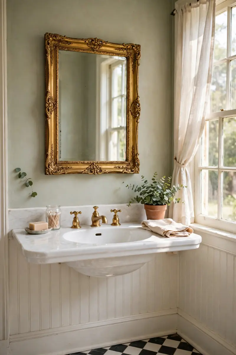 An ornate gilt-framed mirror above a bathroom sink.
