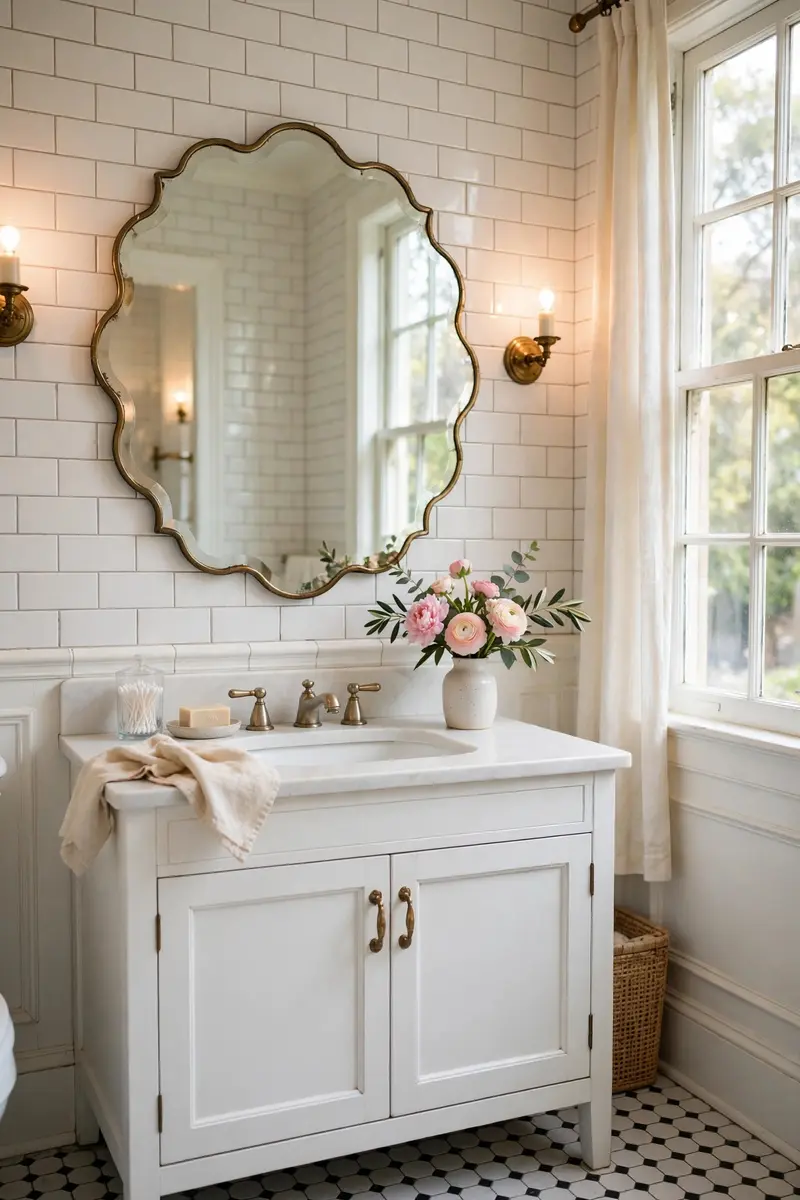 A scalloped mirror above a white bathroom vanity.