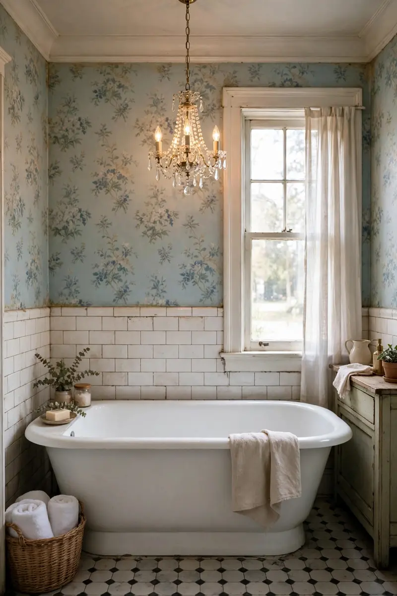 A small crystal chandelier hanging over a freestanding bathtub.