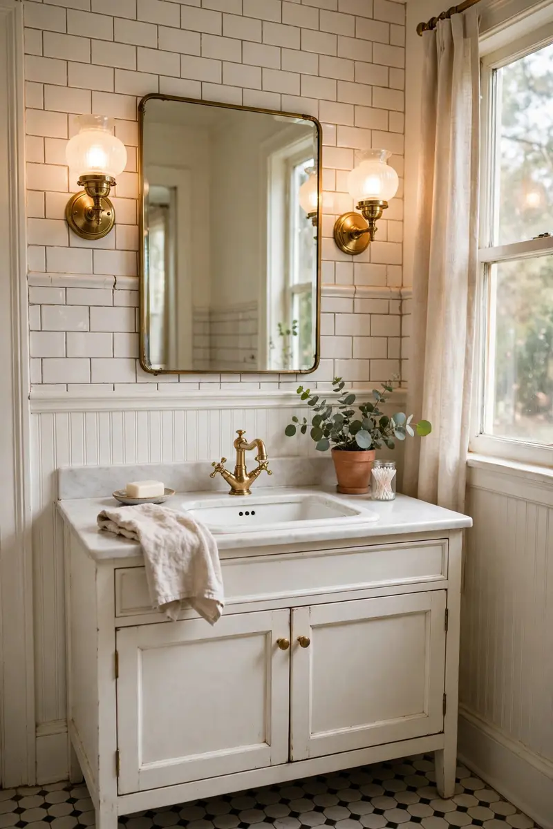Brass wall sconces flanking a bathroom mirror.