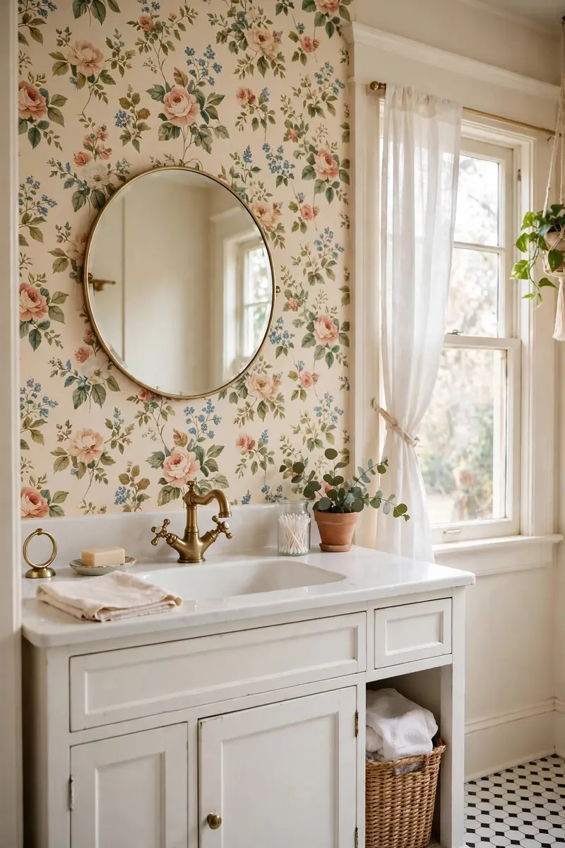 Floral wallpaper on an accent wall in a bathroom with a white vanity.